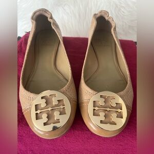 Tory Burch Gold Logo Tan Flats